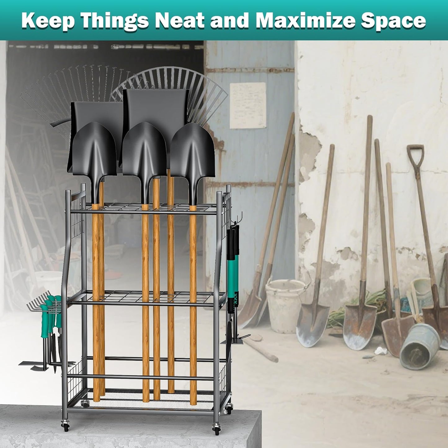 EVERHANGER Garden Tool Organizer Stand, Garage Tool Storage Organization, Yard Tool Racks with
