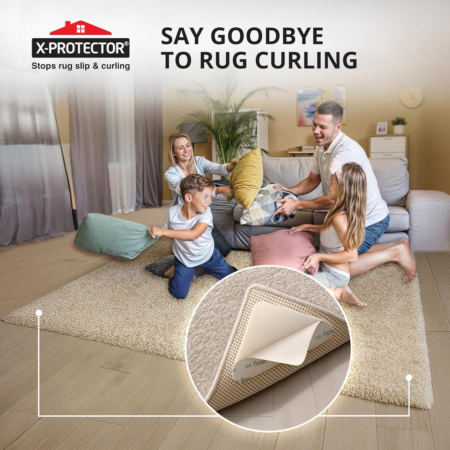 X-Protector Rug Tape - 8 Pcs Set - White Anti-Slip & Anti-Curling Carpet Tape for Hard Floors