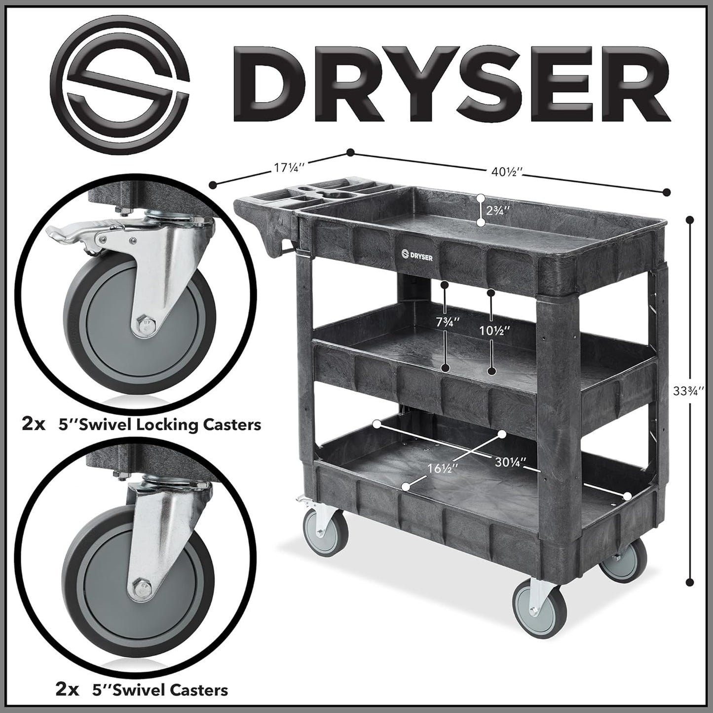 Dryser Utility Cart with Wheels, 40" x 17" Heavy Duty 550 lb. Capacity with Shelves - 3 Tier