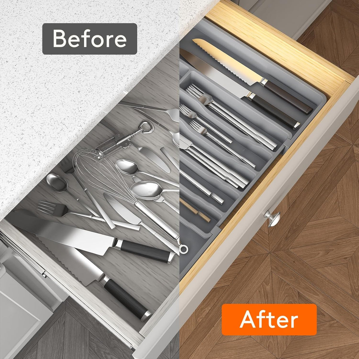 Lifewit Deep Silverware Drawer Organizer for Kitchen, Expandable Utensil Tray, Adjustable Flatware
