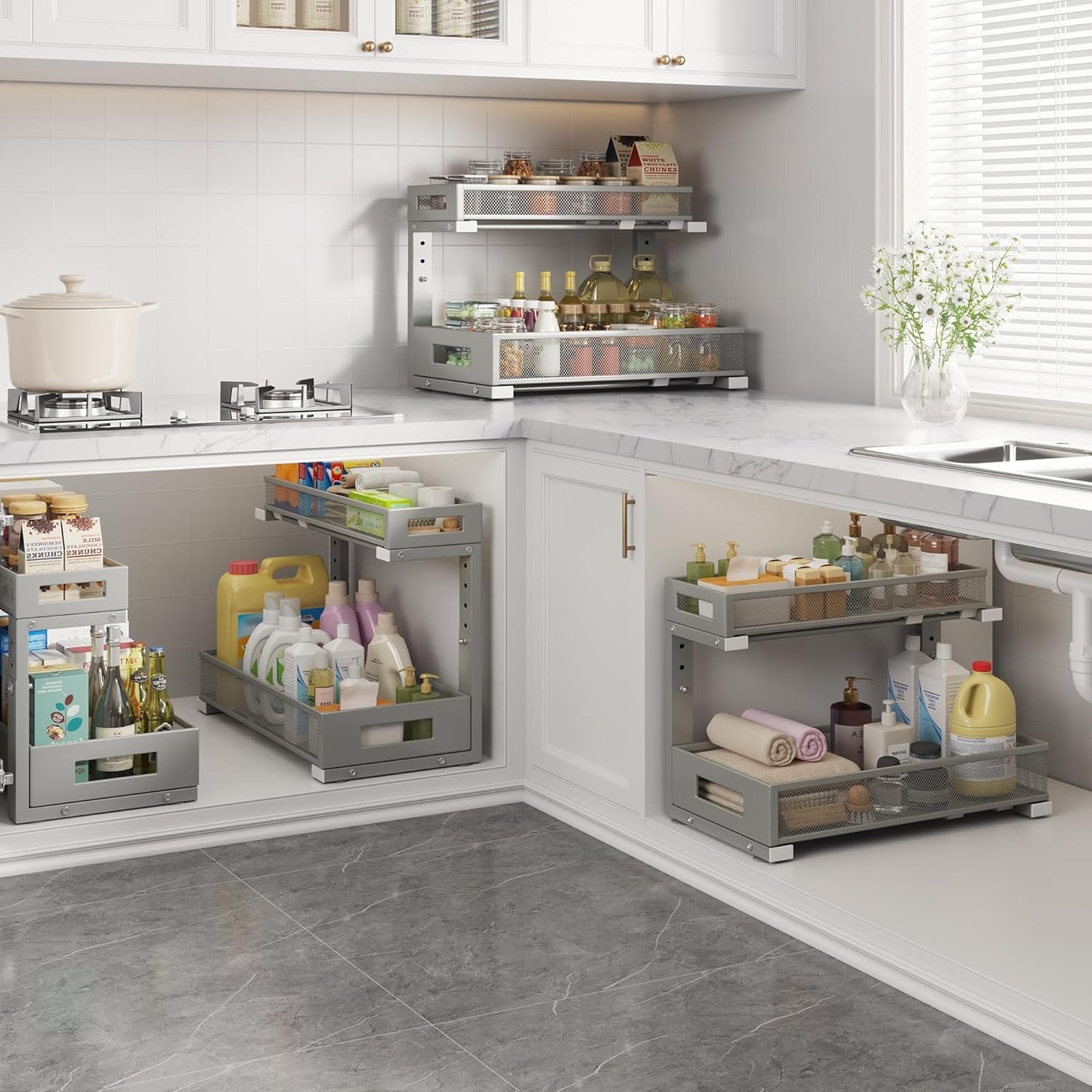 2 Pack 17IN Depth Under Sink Storage Organizer, Large 2-Tier Elegant Mesh Pull Out Shelf for