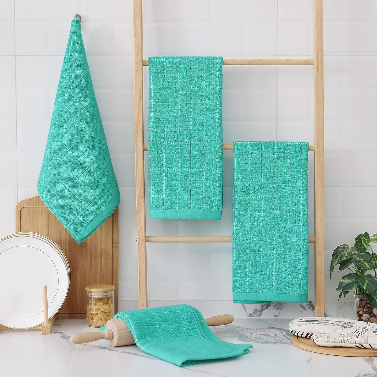 Homaxy 100% Cotton Terry Kitchen Towels(Turquoise, 13 x 28 inches), Checkered Designed, Soft and