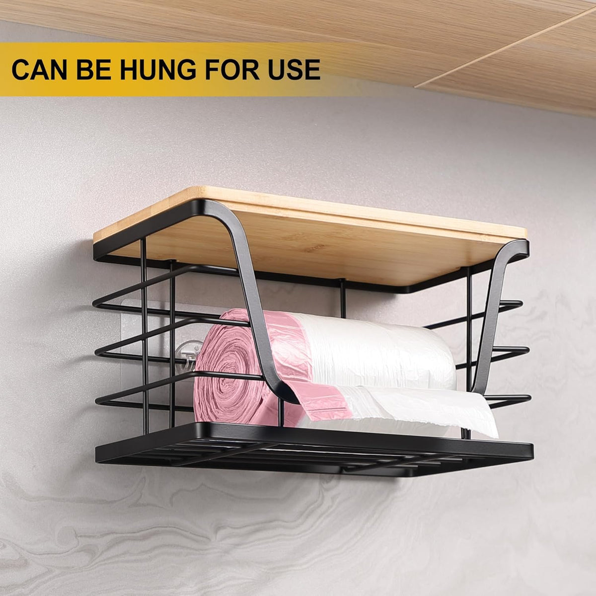 ALOCEO 2 Pack Storage Stackable Kitchen Laundry Organizers with Bamboo Top, Large Trash Bag Holder