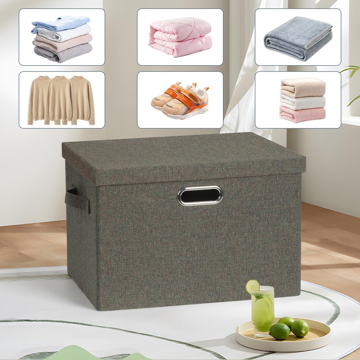 Large 17" 36 Quart Collapsible Stackable Storage Bins with Lids, 3 Packs Dark green Foldable Fabric