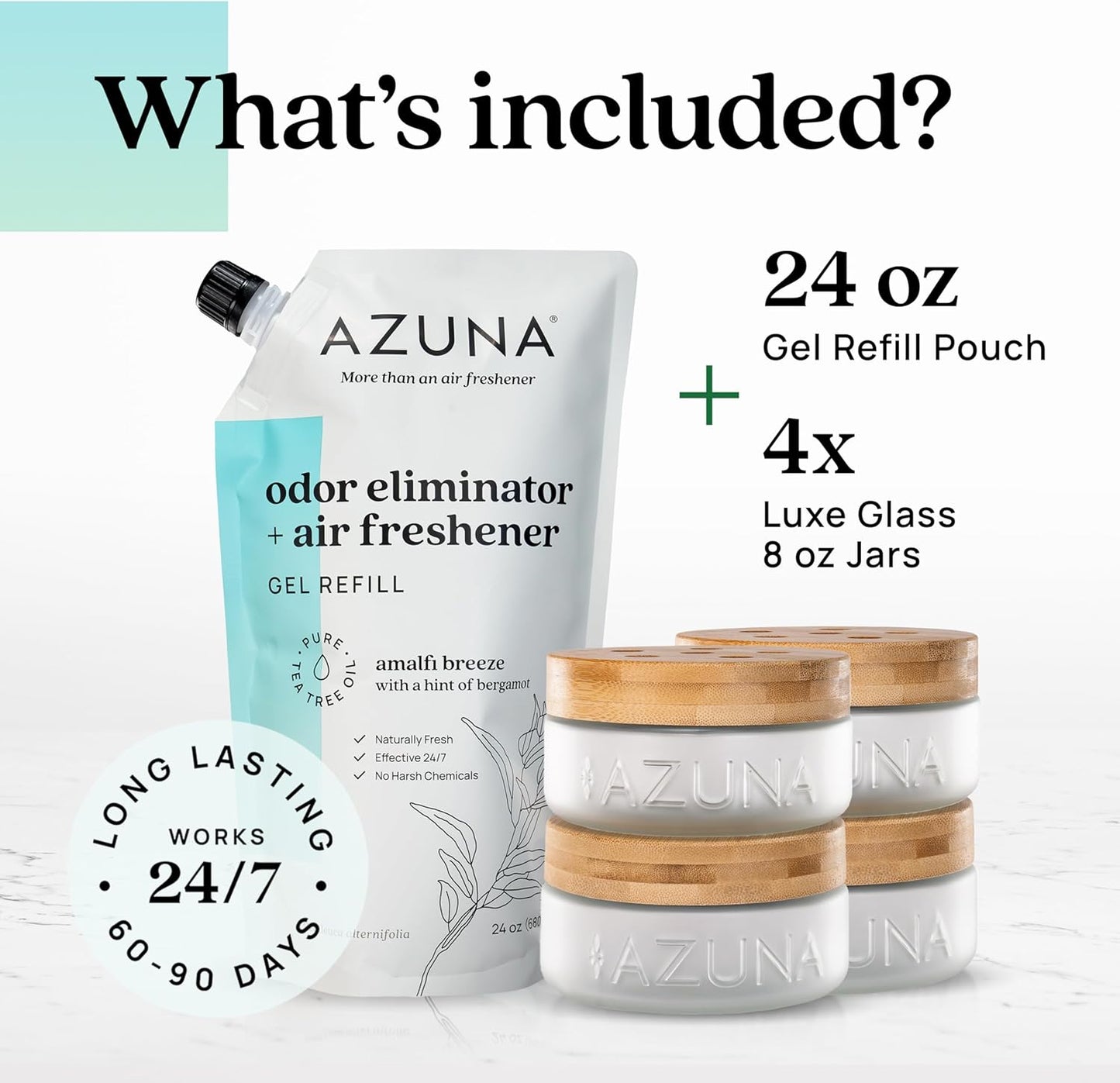 Azuna Air Freshener & Odor Eliminator Gel 4 Room Kit, Includes (4) 8 oz. Empty Luxe Glass Jars & 24