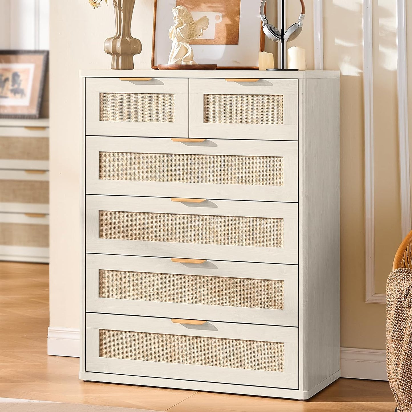LEYAOYAO White Dresser for Bedroom, 42" Tall Chest of Drawers, Modern 6 Drawers Boho Rattan