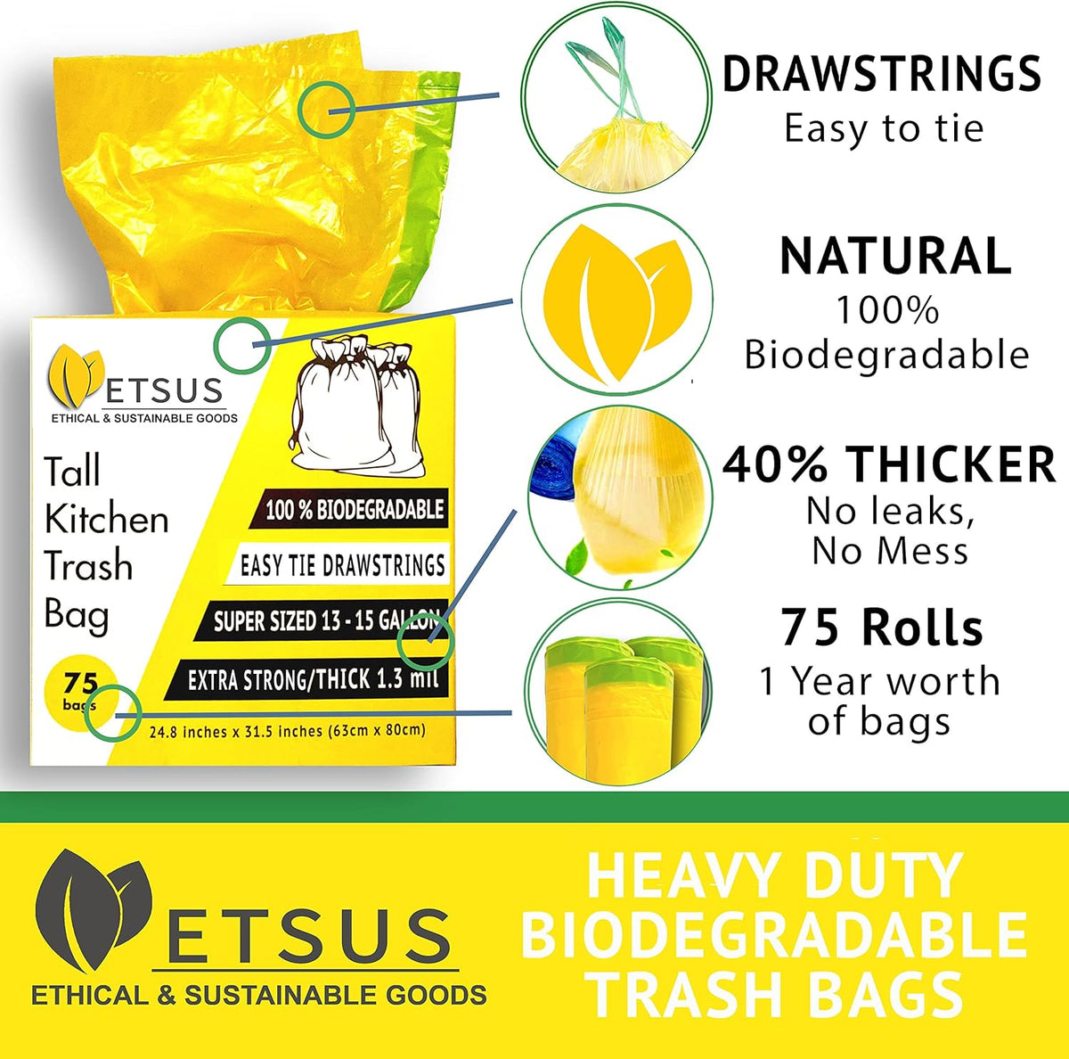 13 Gallon Biodegradable Trash Bags with Drawstrings, 75 Count Plant Based, Code Q Tall Kitchen