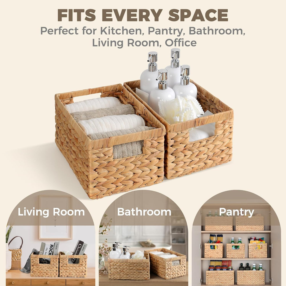 Set of 2 Wicker Shelf Storage Baskets for Organizing - Natural Durable Water Hyacinth Woven Basket
