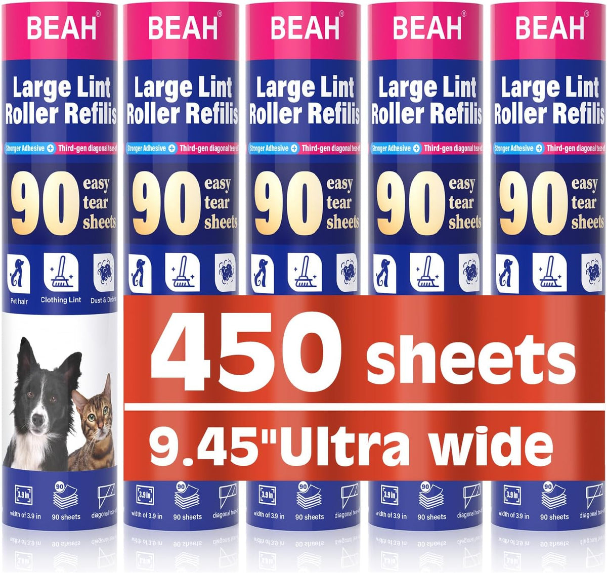Lint Roller Refills (5 Packs 450 Sheets) Lint Rollers for Pet Hair Extra Sticky Refills,9.45 Inch