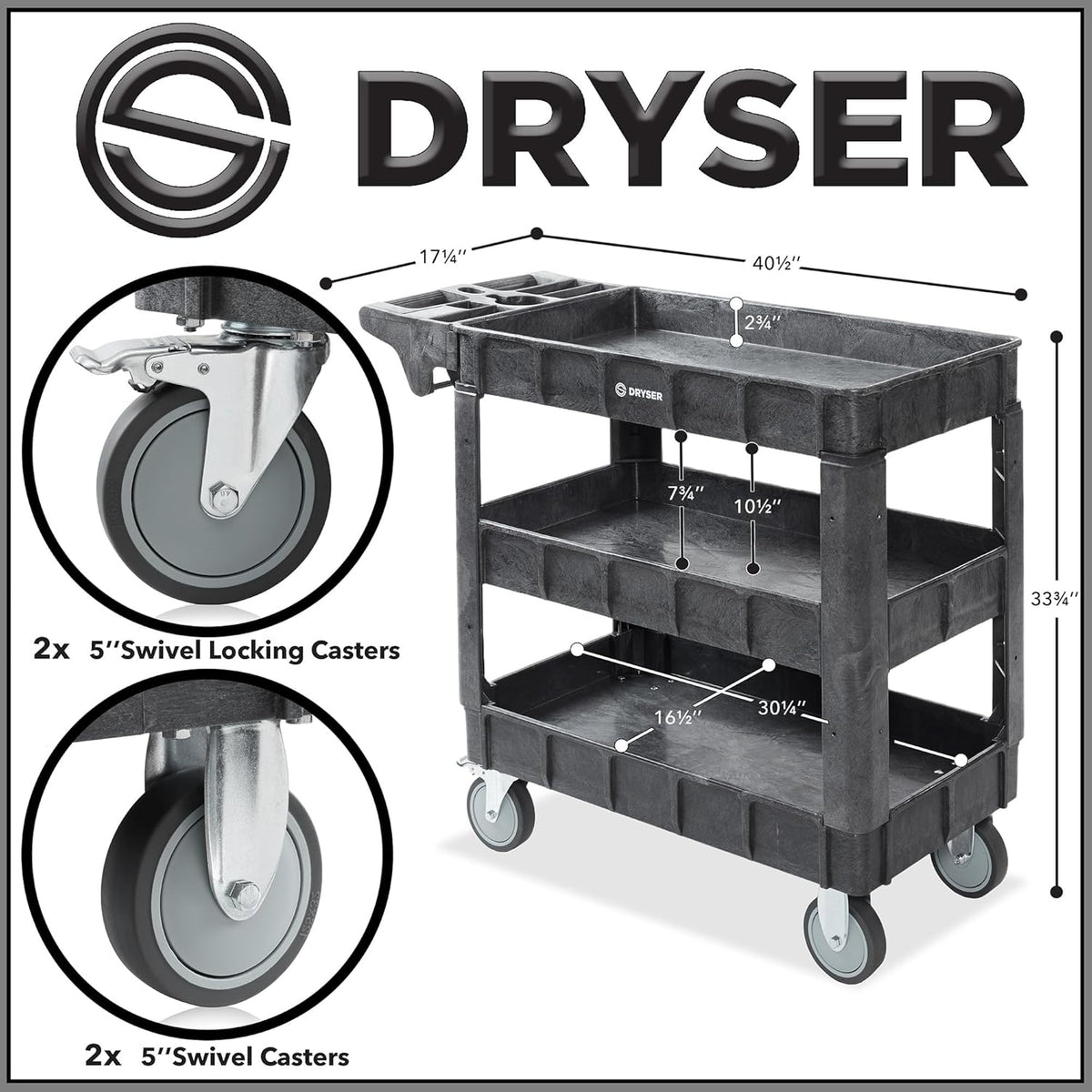 Dryser Utility Cart with Wheels, 40" x 17" Heavy Duty 550 lb. Capacity with Shelves - 3 Tier