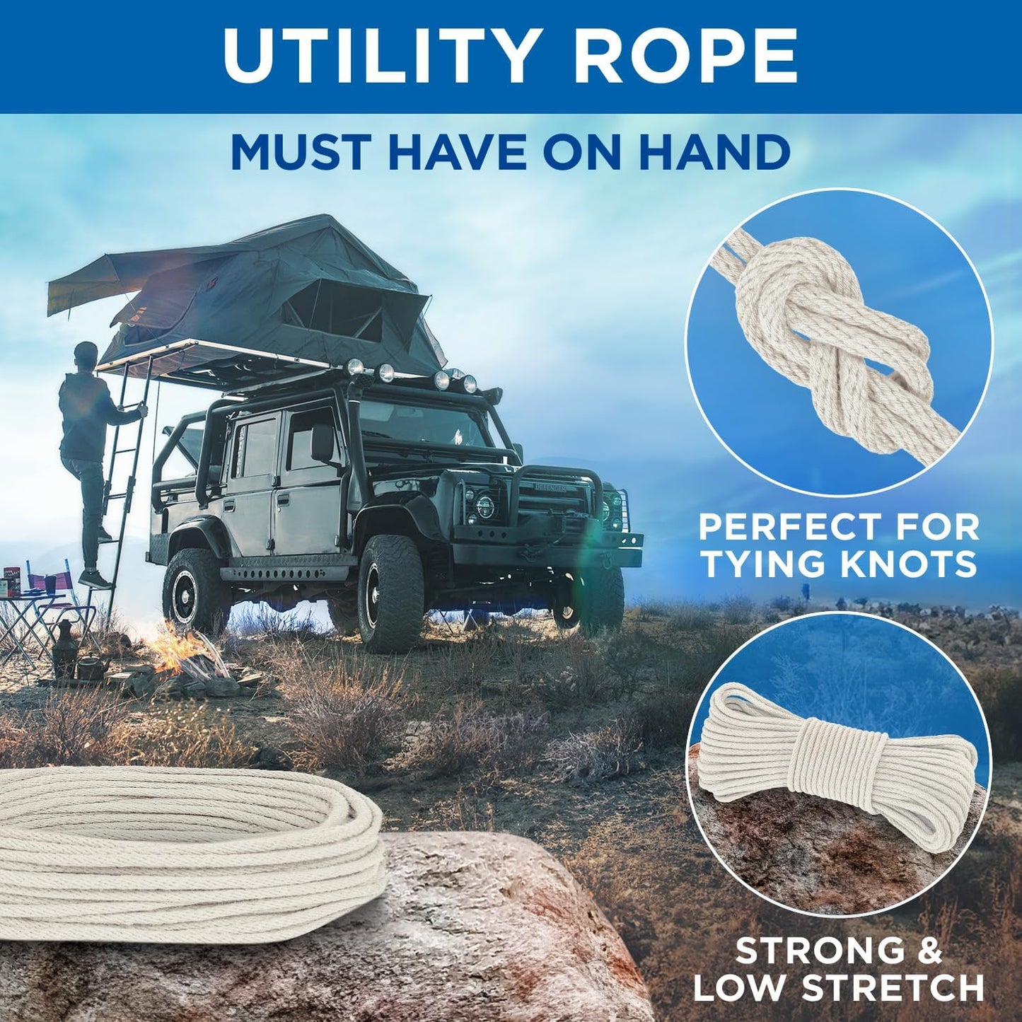 TECEUM 500lb Cotton Rope 3/16” (5 mm) – 50 FT | 100 FT– Strong All-Purpose Braided Rope – Natural