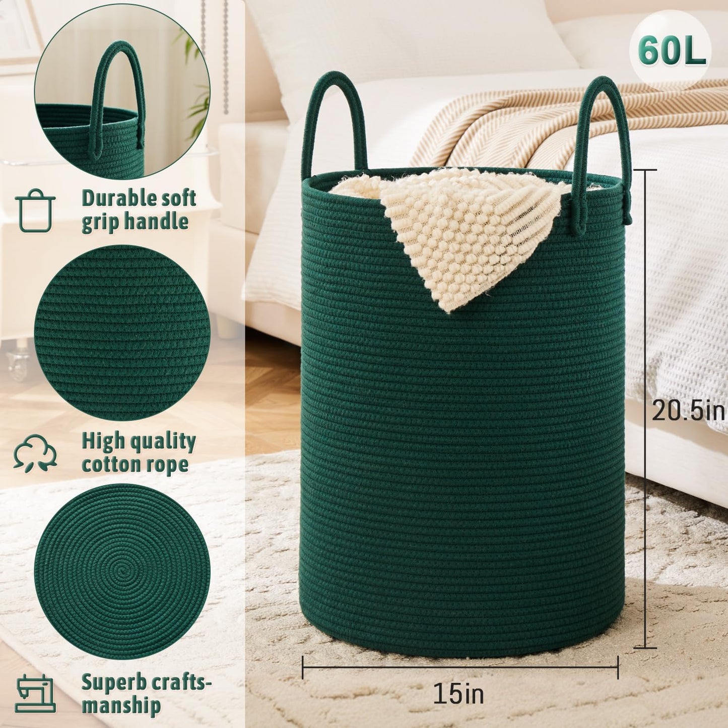Laundry Basket,Woven Cotton Rope Laundry Hamper,60L for Decorative Storage of Dirty Clothes,Toys
