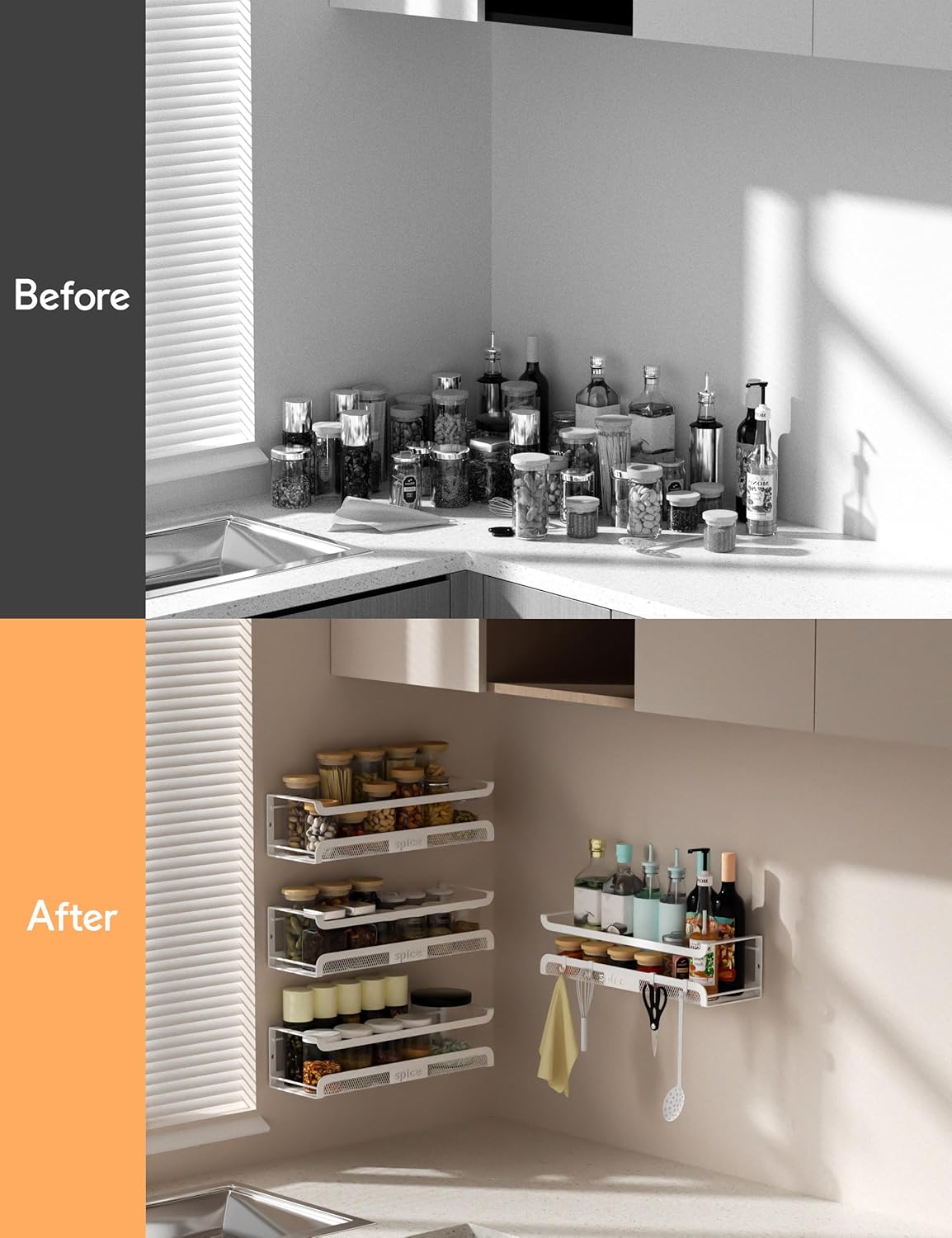 Spice Rack Wall Mount with Hooks - Spice Racks Organizer for Cabinet Storage, Wall Mounted Hanging