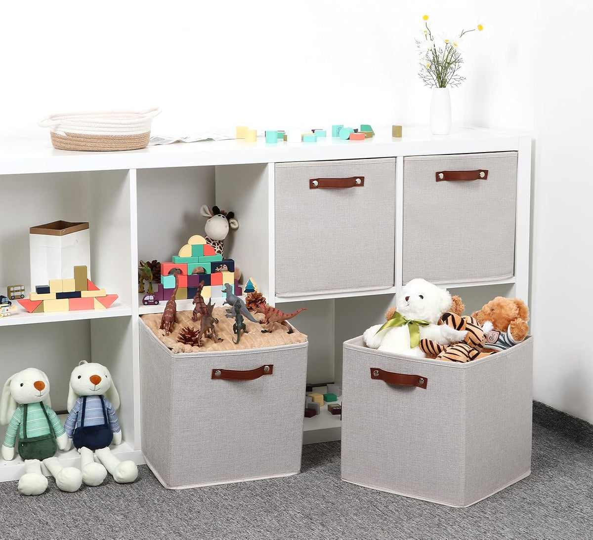 Temary Fabric Storage Cubes Storage Bins with Dual Leather Handles, 4 Pack Cube Baskets 13x13