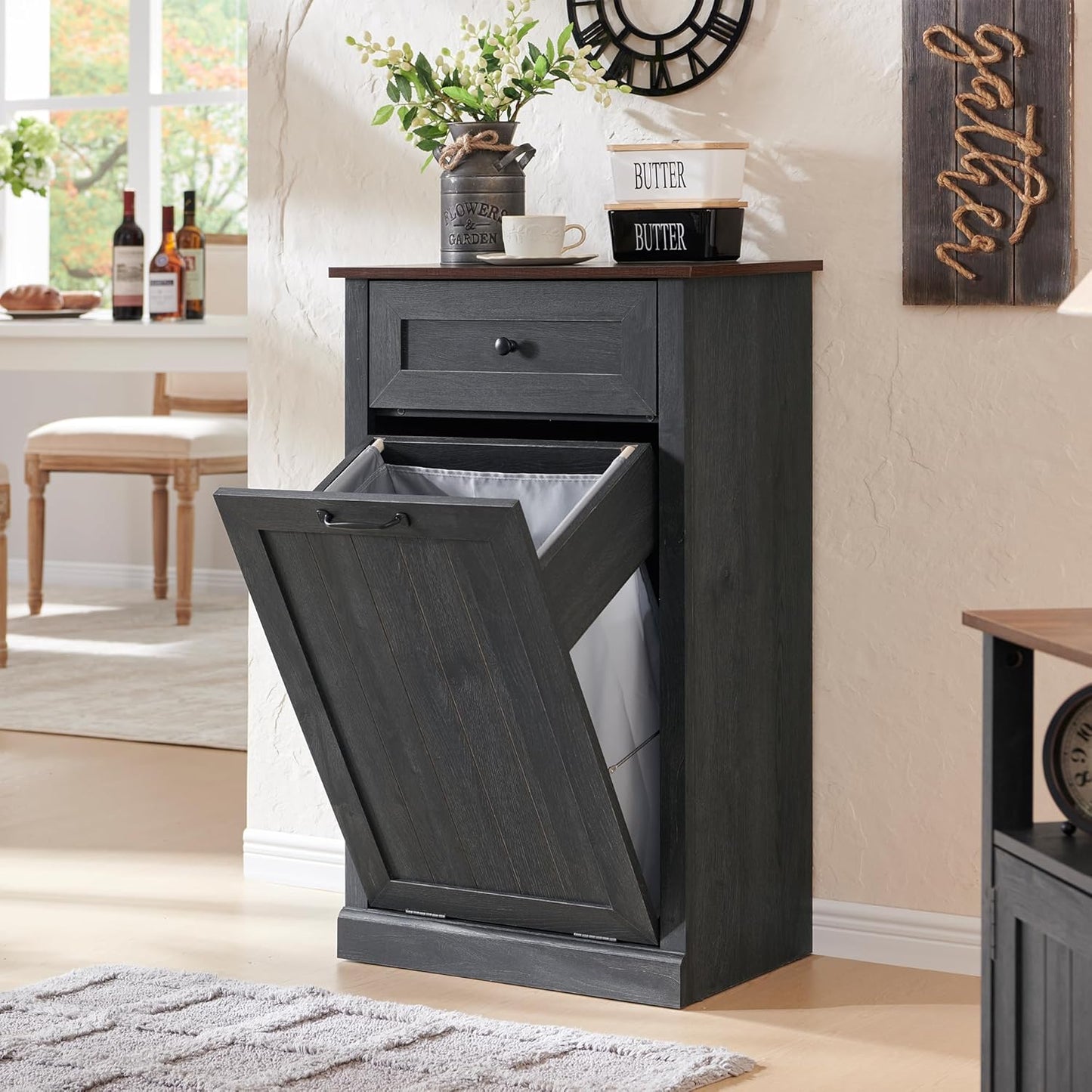 Tilt Out Laundry Hamper Cabinet, 10 Gallon Farmhouse Trash Can Cabinet with Drawer, Hidden Wood