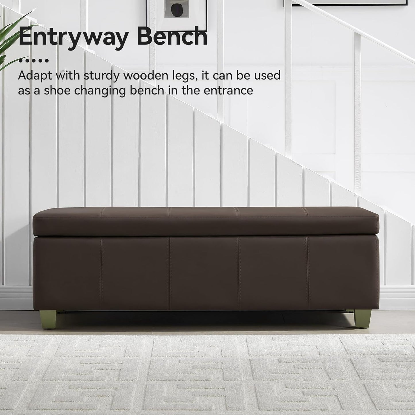 51" Faux Leather Storage Ottoman, Stitch Tufted Rectangle Upholstered End of Bed Storage Bench