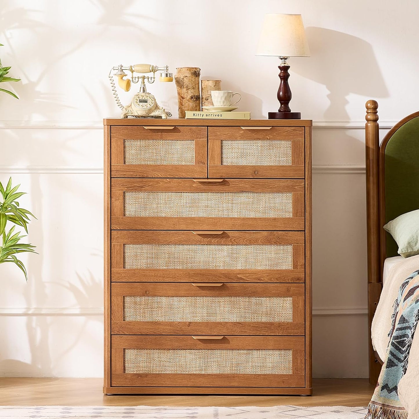 LEYAOYAO Rattan Dresser for Bedroom, 42" Tall Chest of Drawers, Modern 6 Drawers Boho Dressers with