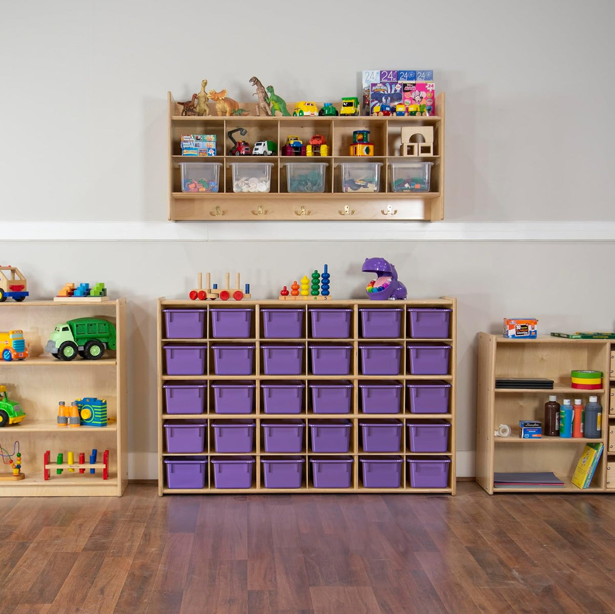 Wood Designs Cubby Storage Bin, Heavy Duty Plastic Containers for Kids Purple Cubby Tray Set of 30