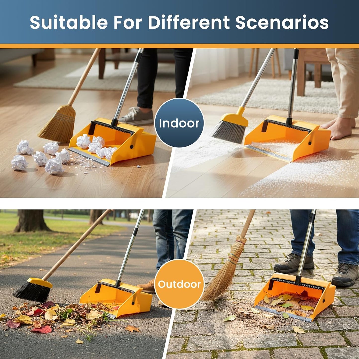 Large Commercial Dustpan with Comb,Long Handle Upright Heavy Duty Dust Pan Outdoor Indoor for
