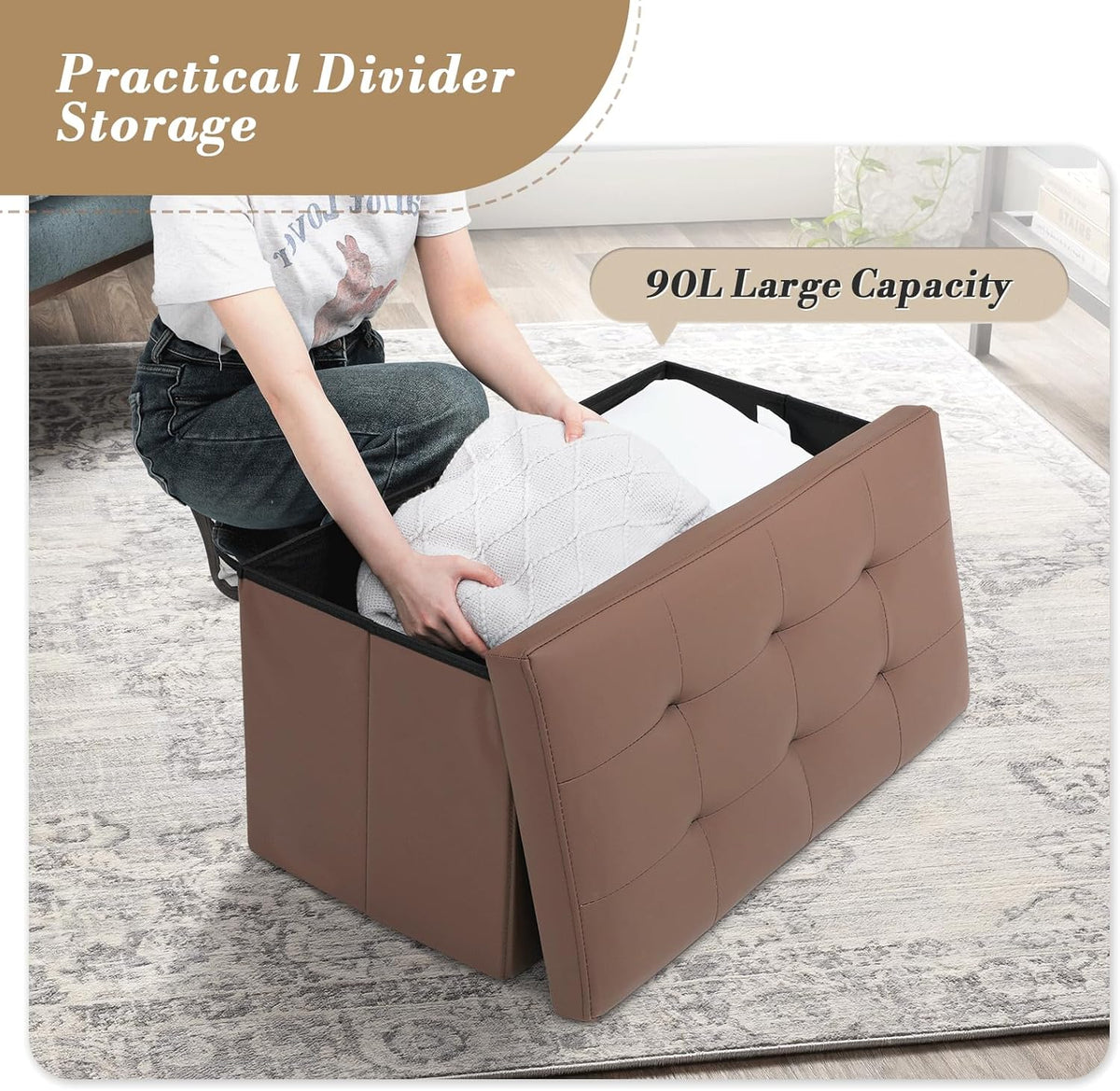 Athena Collection 30" Storage Ottoman Bench Folding Bench with 90L Hidden Storage, Large End of Bed