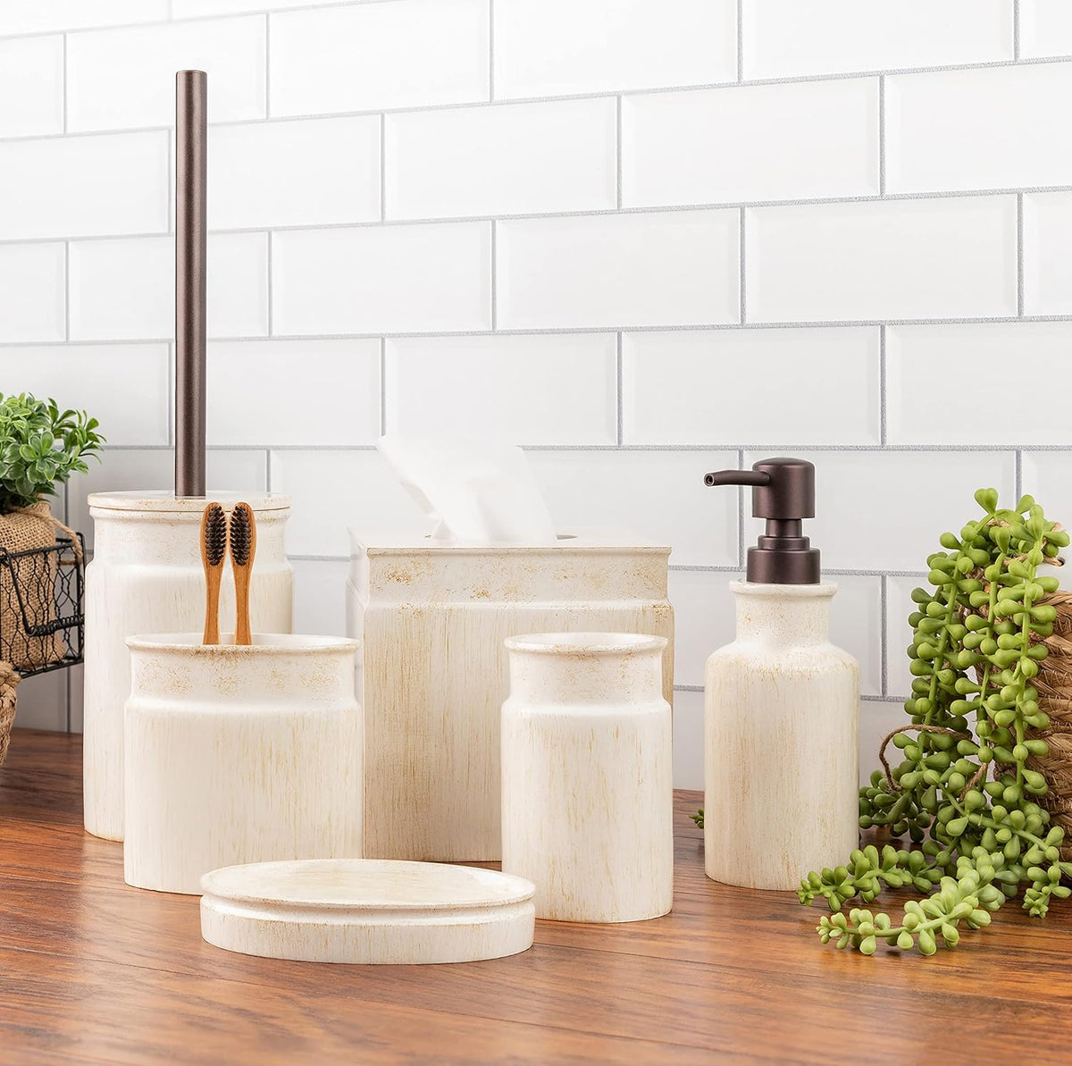 Creative Scents Rustic Luxe Toilet Brush and Holder Set - Beige Toilet Bowl Cleaner Brush with