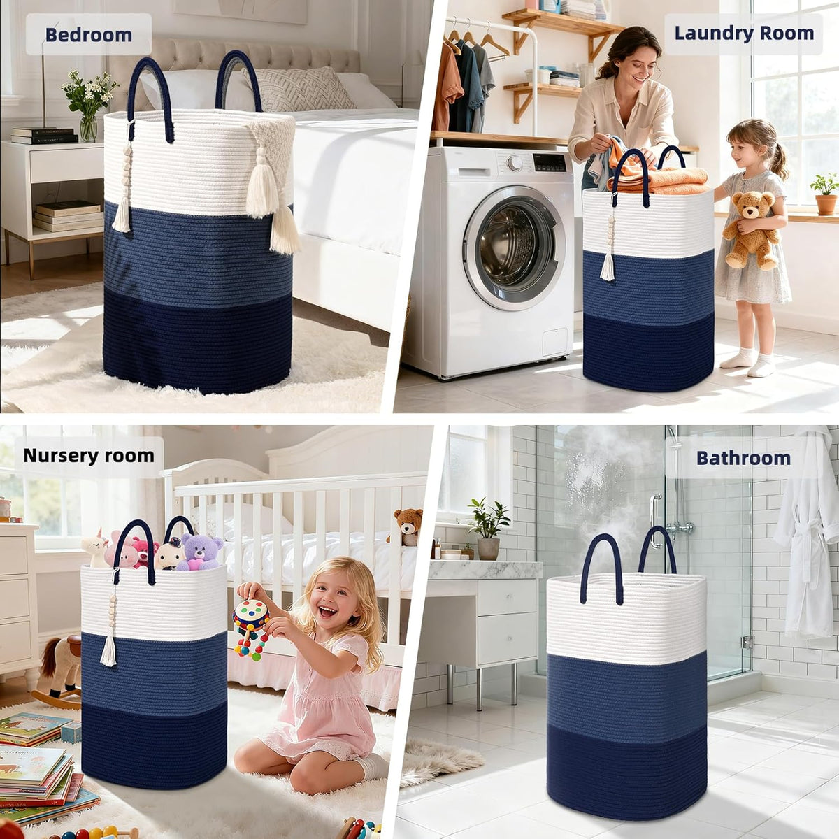 Woven Laundry Basket for Clothes,100 L Large Rectangle Laundry Hampers with Beads Tassel, Nursery