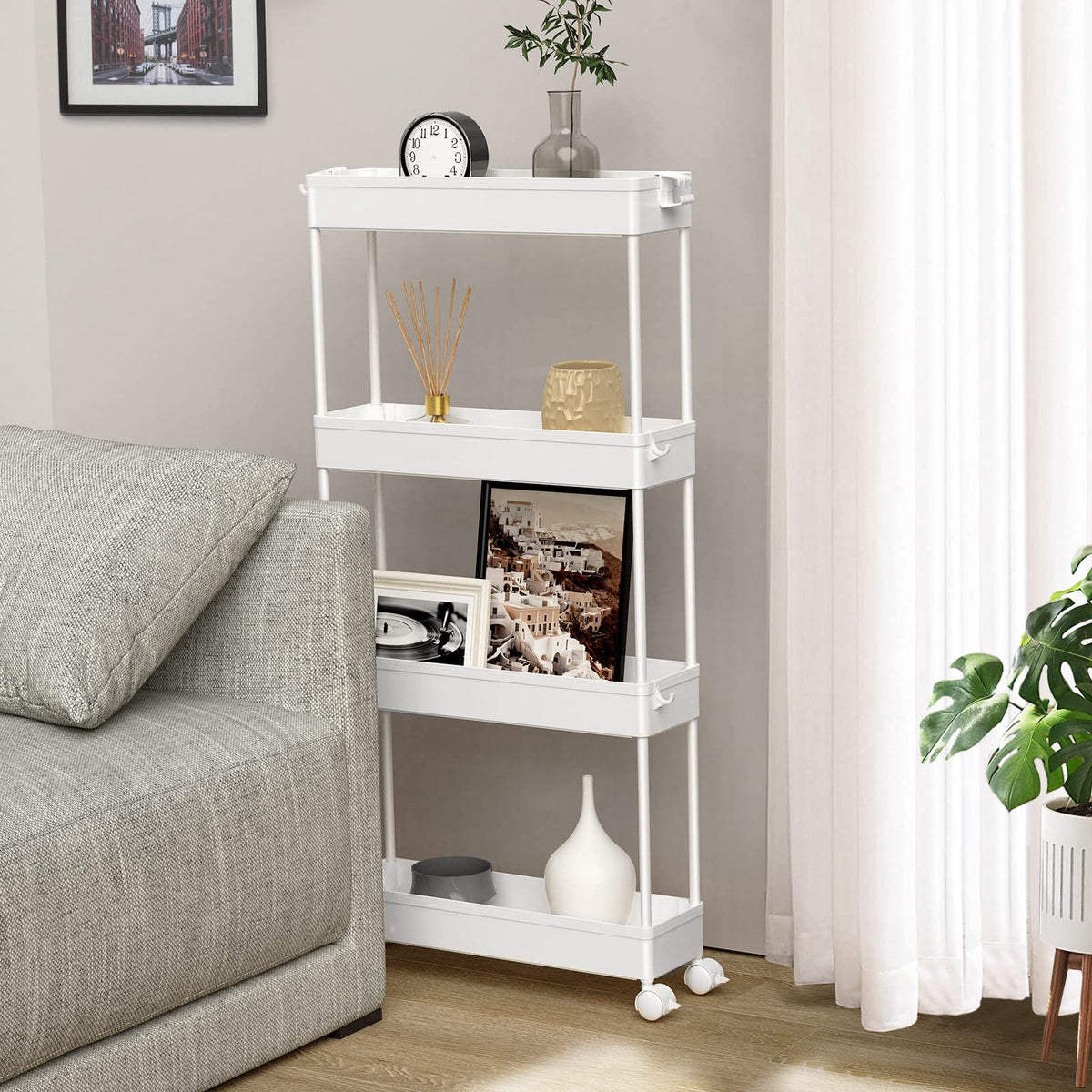 SPACELEAD Slim Storage Cart 4 Tier,Bathroom Organizer Rolling Utility, Mobile Shelving Unit Slide