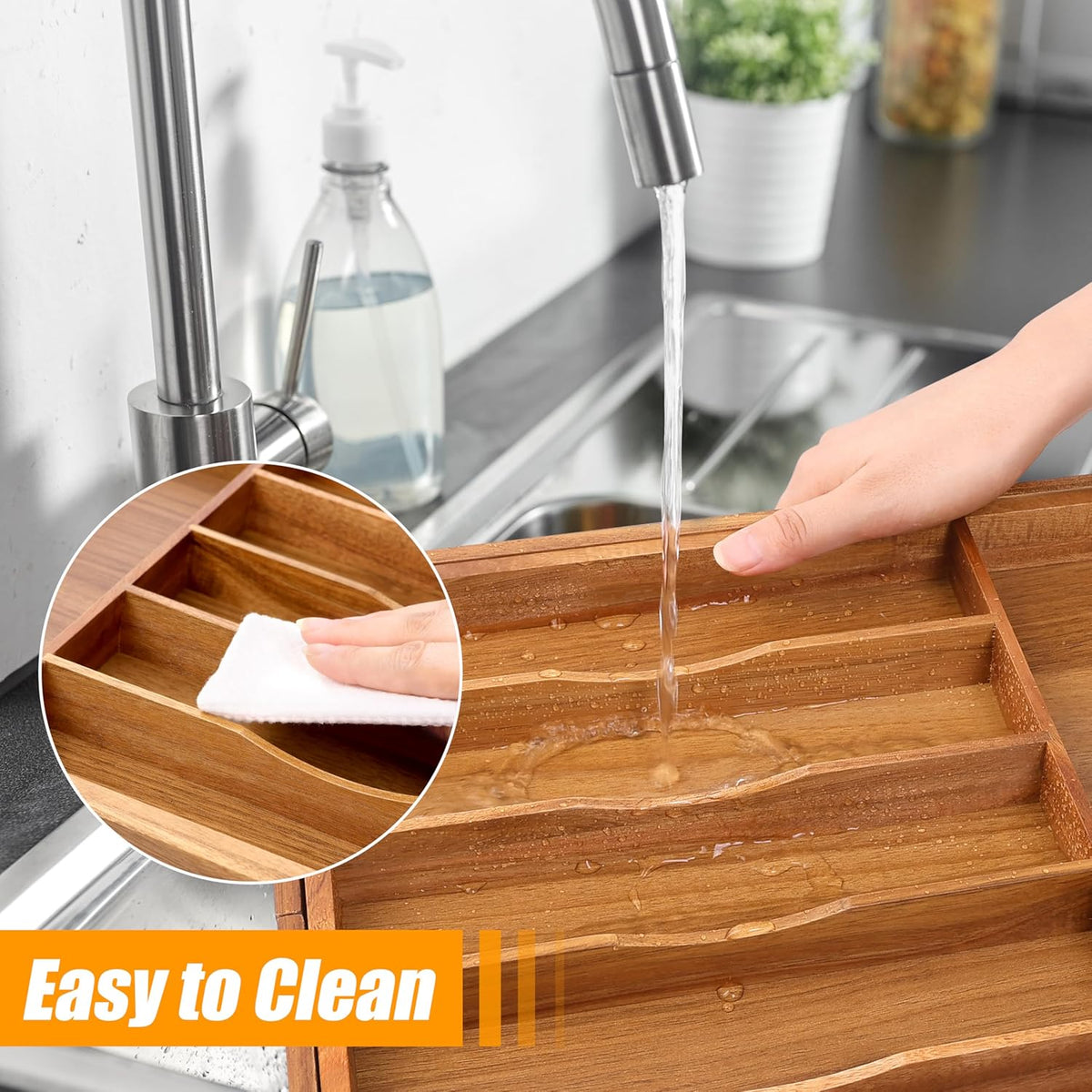 Bellsal Large Premium Acacia Wood Silverware Organizer - Expandable Utensil Drawer Organizer