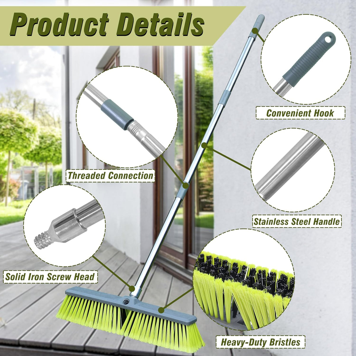 PHYEX 18" Push Broom with 47" Long Handle, Multi-Surface Floor Scrub Brush for Cleaning Deck