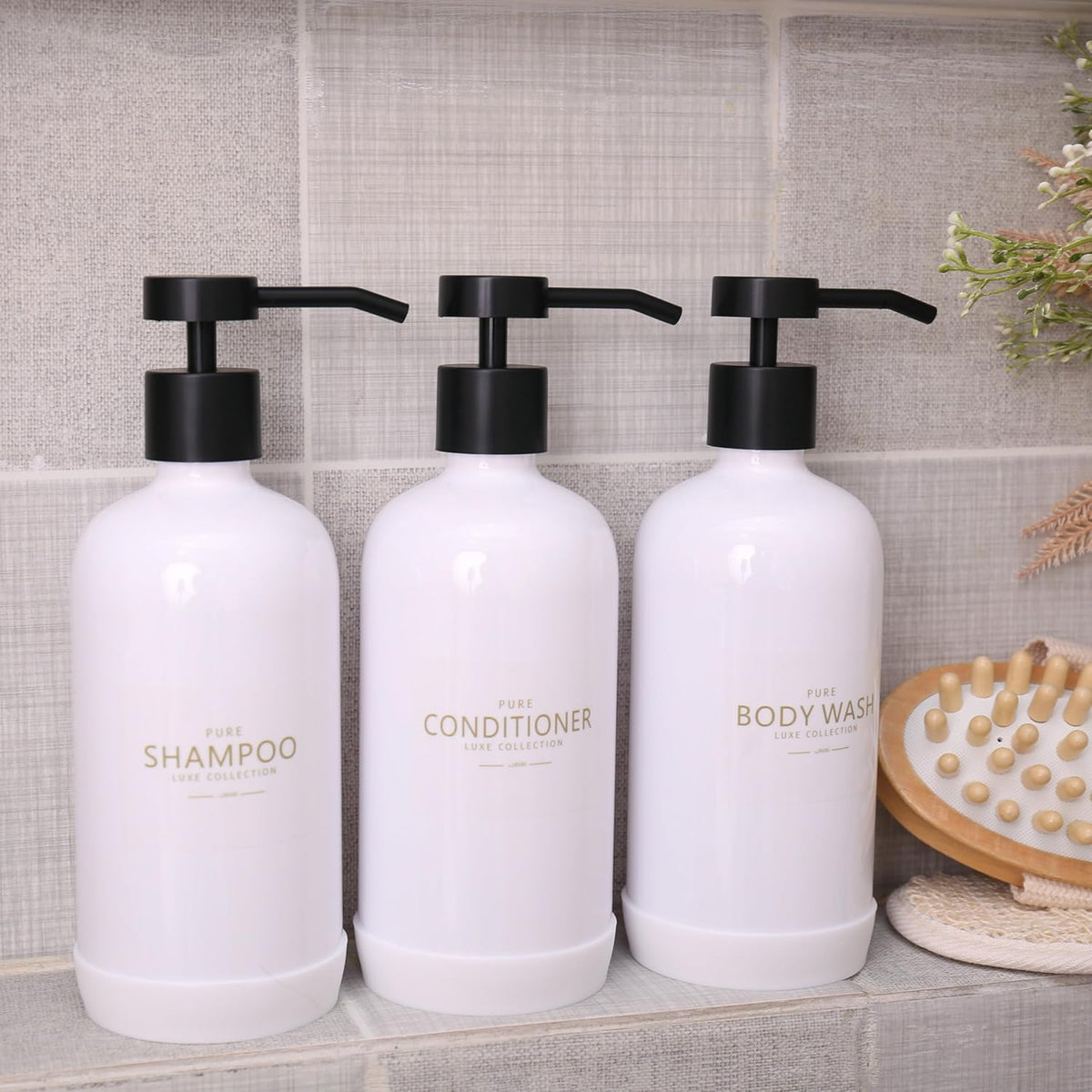 Shampoo and Conditioner Dispenser Set of 3,Refillable 21oz Shampoo Bottles with Non-Slip Protective