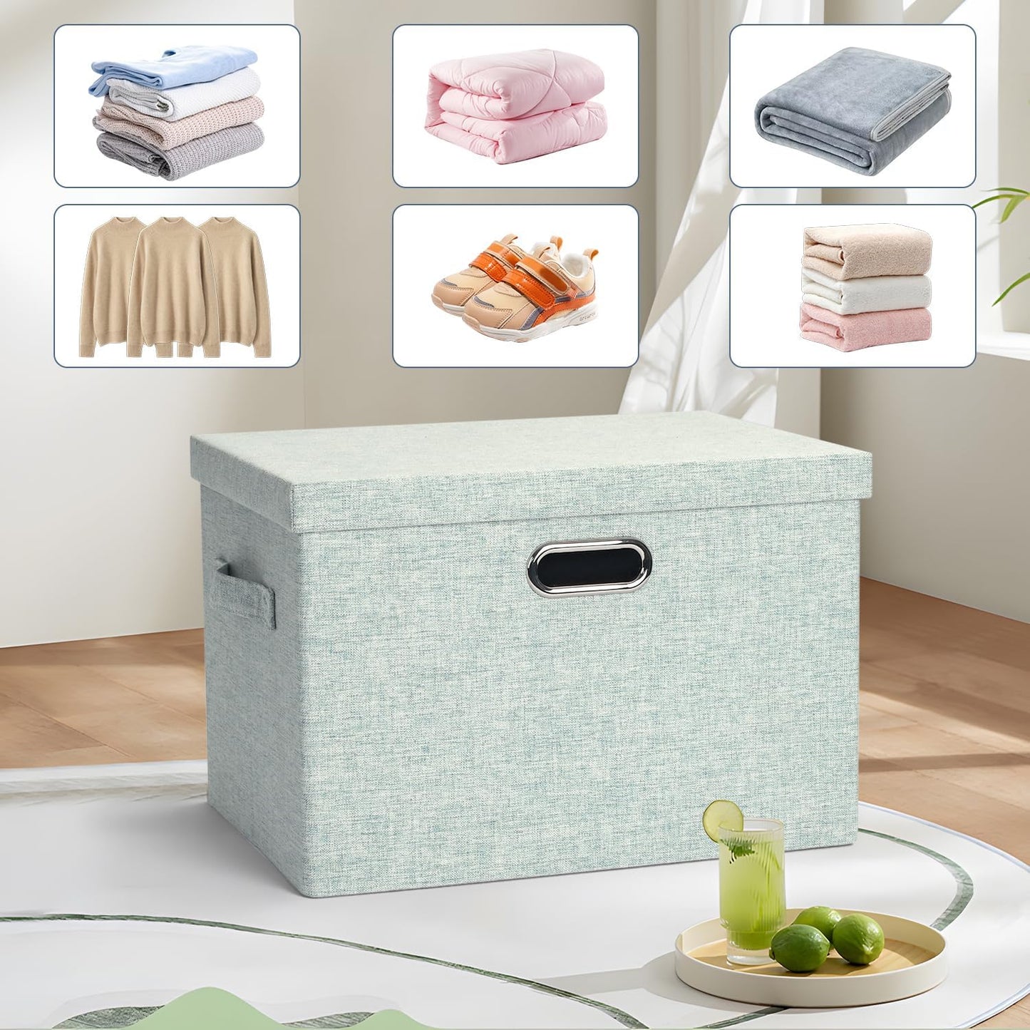 Large 17" 36 Quart Collapsible Stackable Storage Bins with Lids, 3 Packs Light Green Linen Fabric