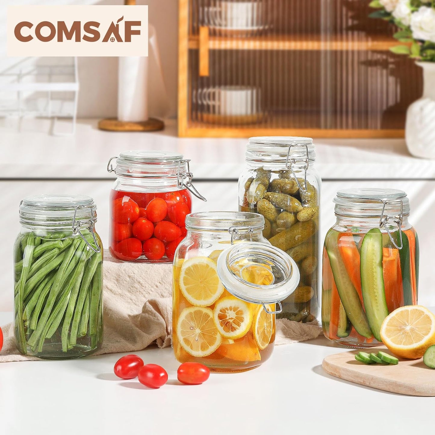 ComSaf Airtight Glass Canister Set of 3 with Lids 50oz Clear Food Storage Jars Square, Kitchen &