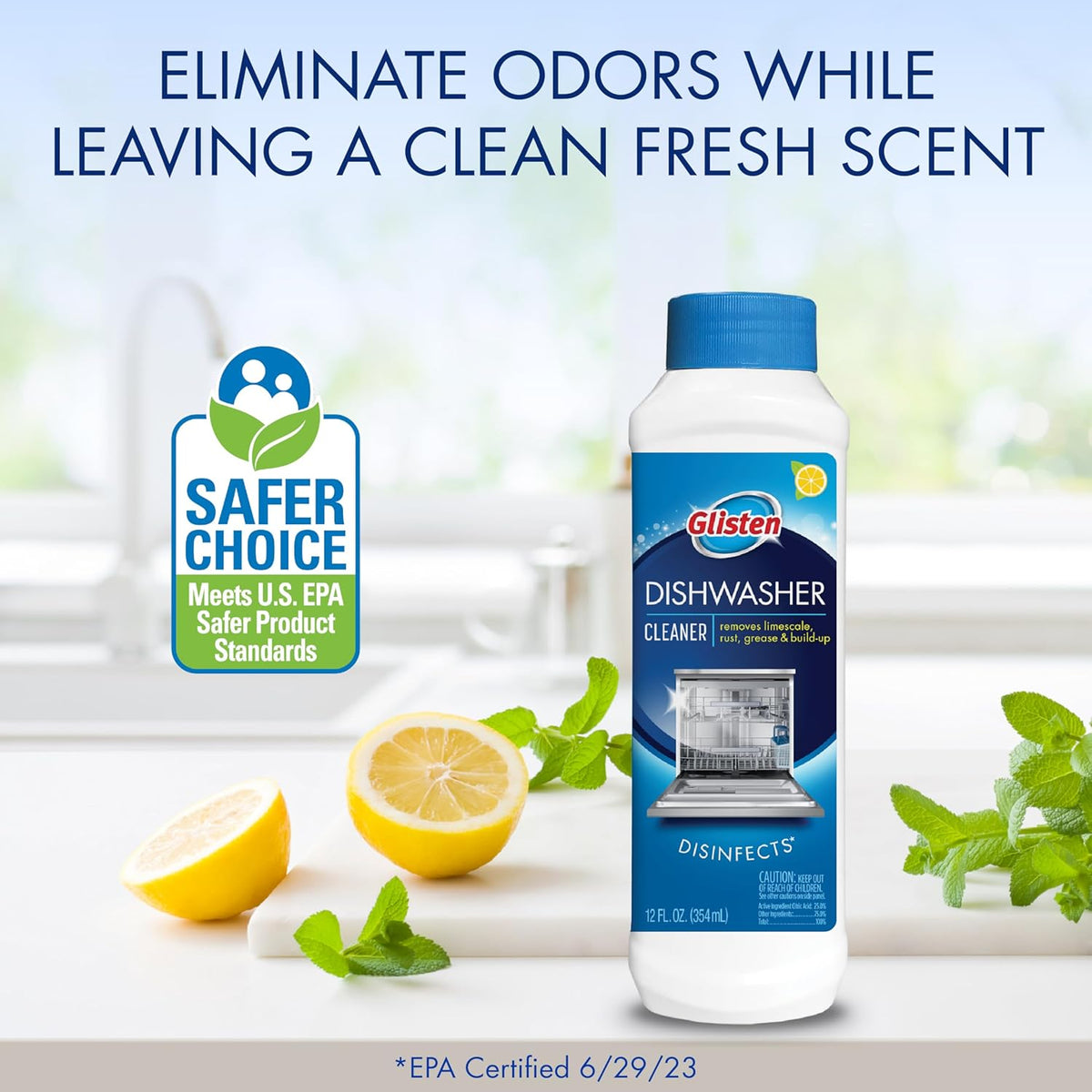 Glisten Dishwasher Cleaner, Removes Limescale, Rust, Buildup, and Grease, Lemon Scent, 12 Ounce