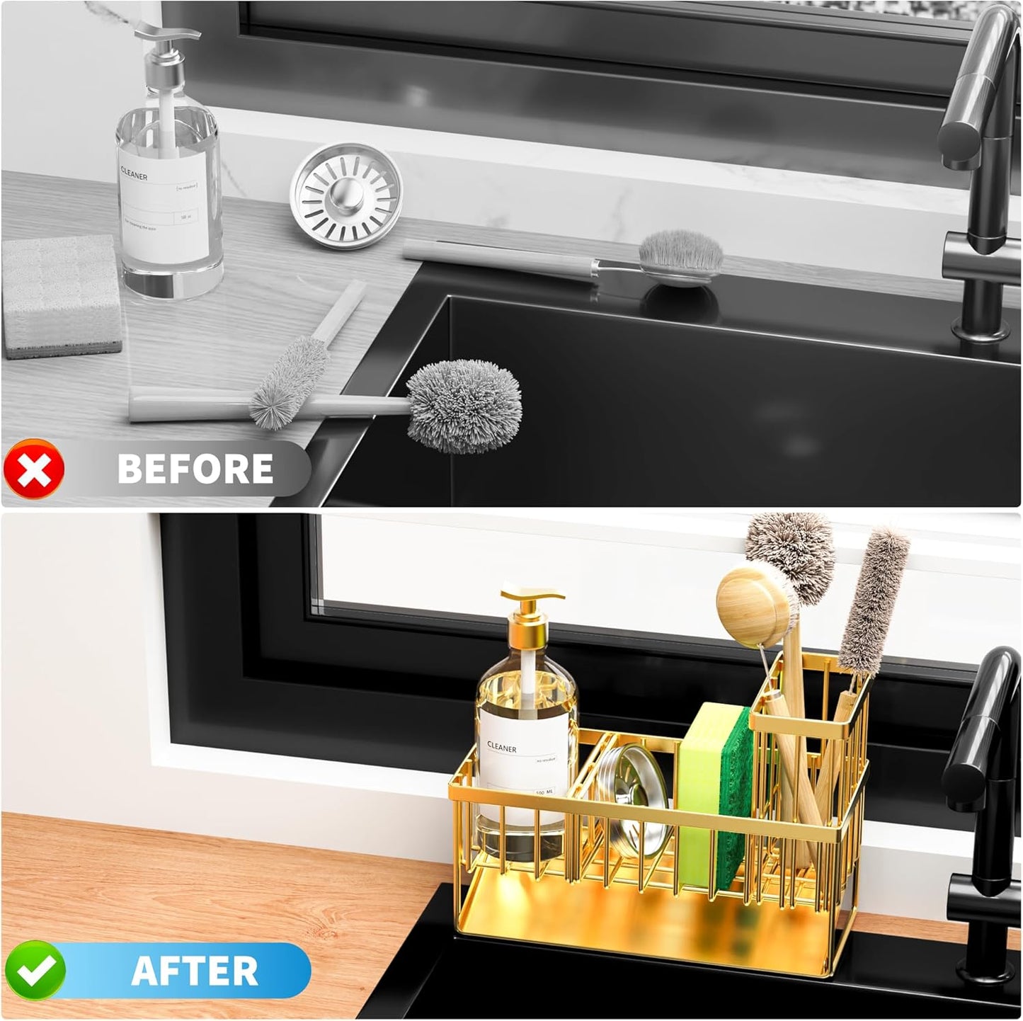 Cisily Gold Kitchen Sink Caddy Organzier with High Brush Holder, Sponge Holder for Sink, 304