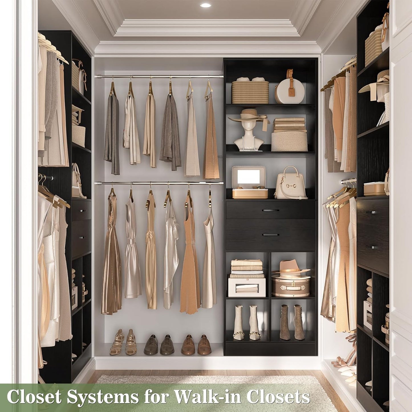 Closet System, 4-8 FT Closet Organizer Tower with 2 Wooden Drawers and Shelves, Can Fit 60 to 96