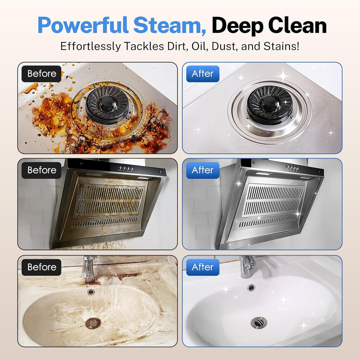 ODSD Steam Cleaner for Home & Car, 3-Level Adjustable Steamer for Cleaning, 15s Heat-Up & 1.6L