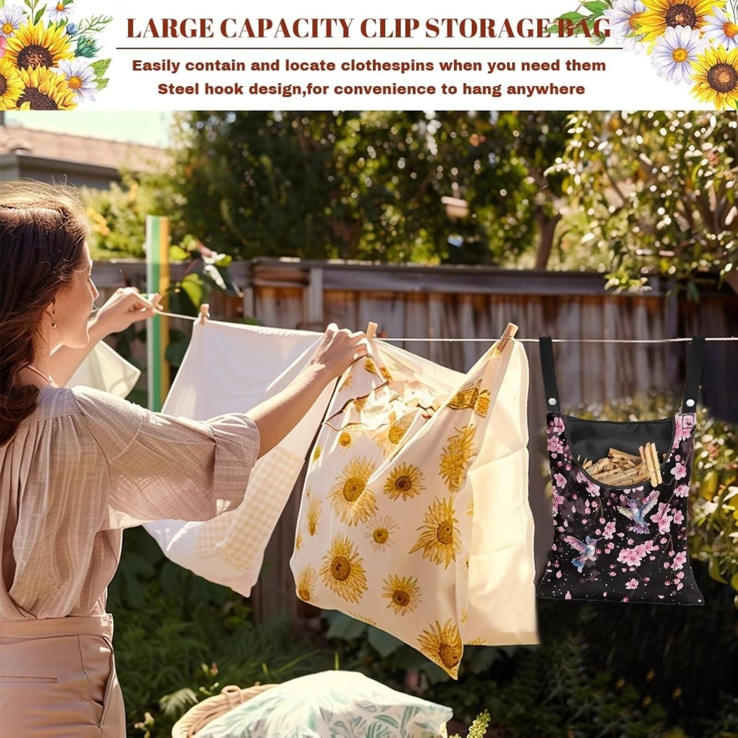 Waterproof Clothespin Bag with Hanger Hook Cherry Blossom Hummingbird - Large Opening Organizer for