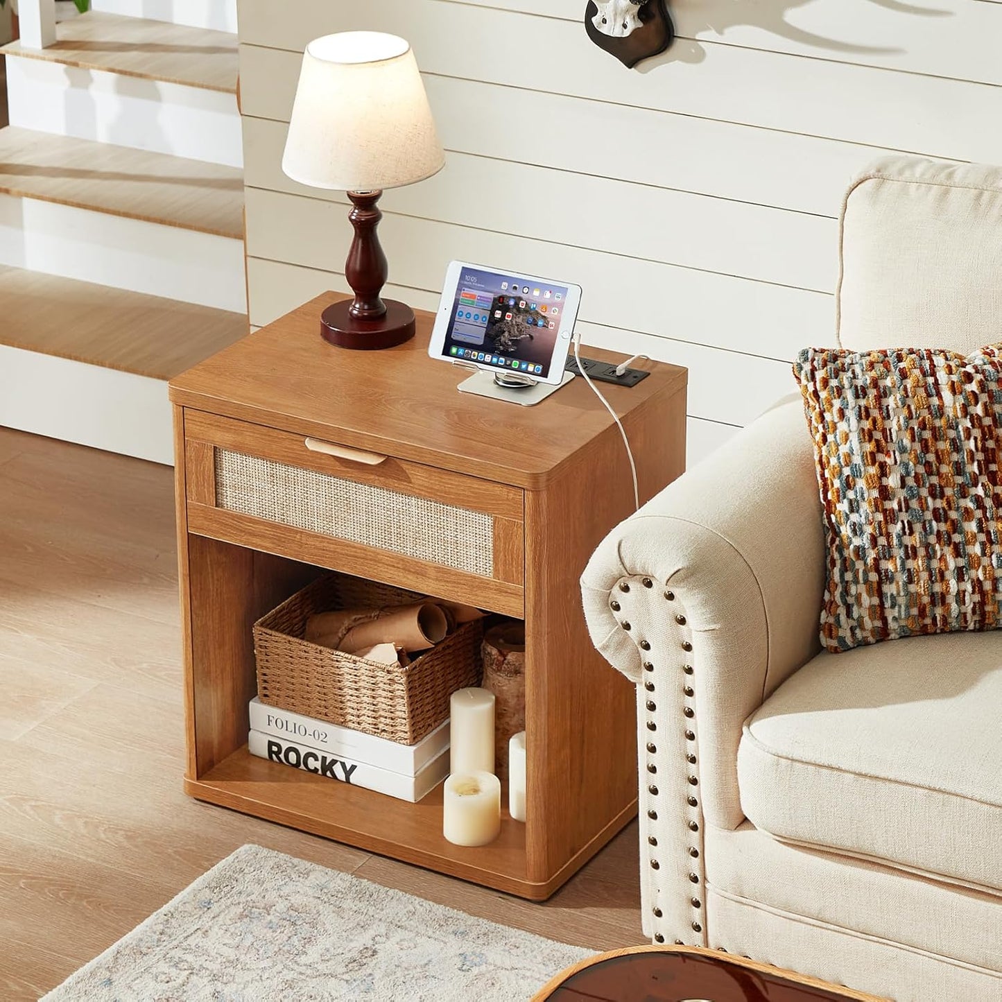 LEYAOYAO Rattan Nightstand with Charging Station, 23" Wide Boho Night Stand with Drawer, Natural