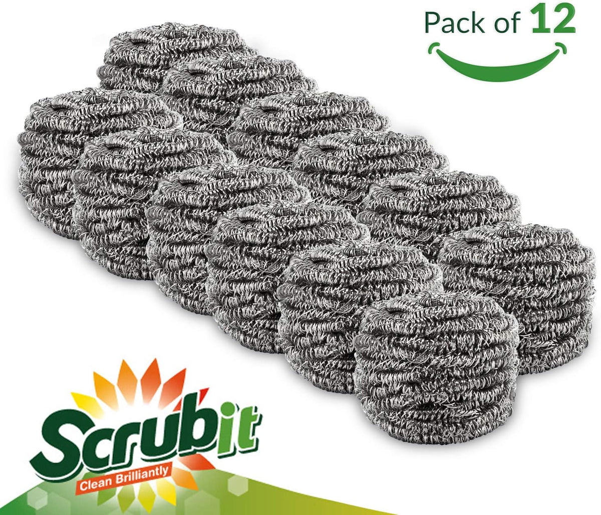 12 Pack Stainless Steel Scourers by Scrub It – Steel Wool Scrubber Pad Used for Dishes, Pots, Pans