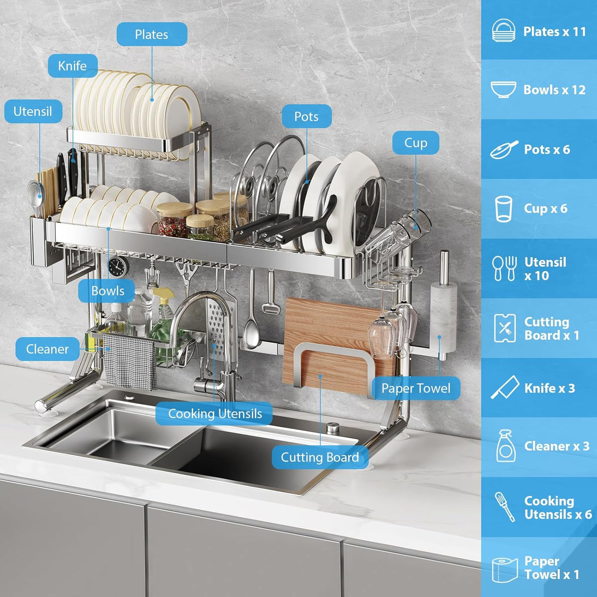 Over Sink Dish Drying Rack, Upgrade 2.5-Tier 304 Stainless Steel Dish Rack Adjustable Length with