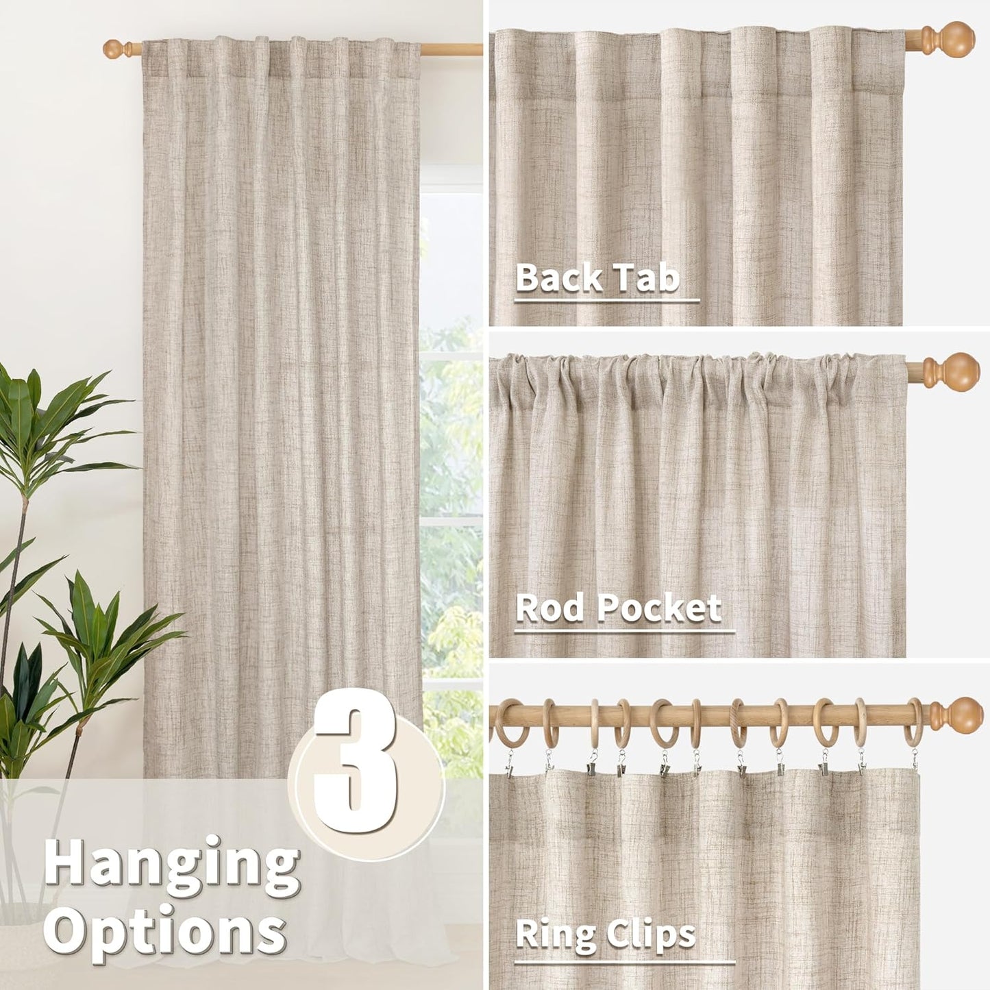 YoungsTex Beige Linen Semi Sheer Curtains 63 Inch Length for Living Room, Light Filtering Window