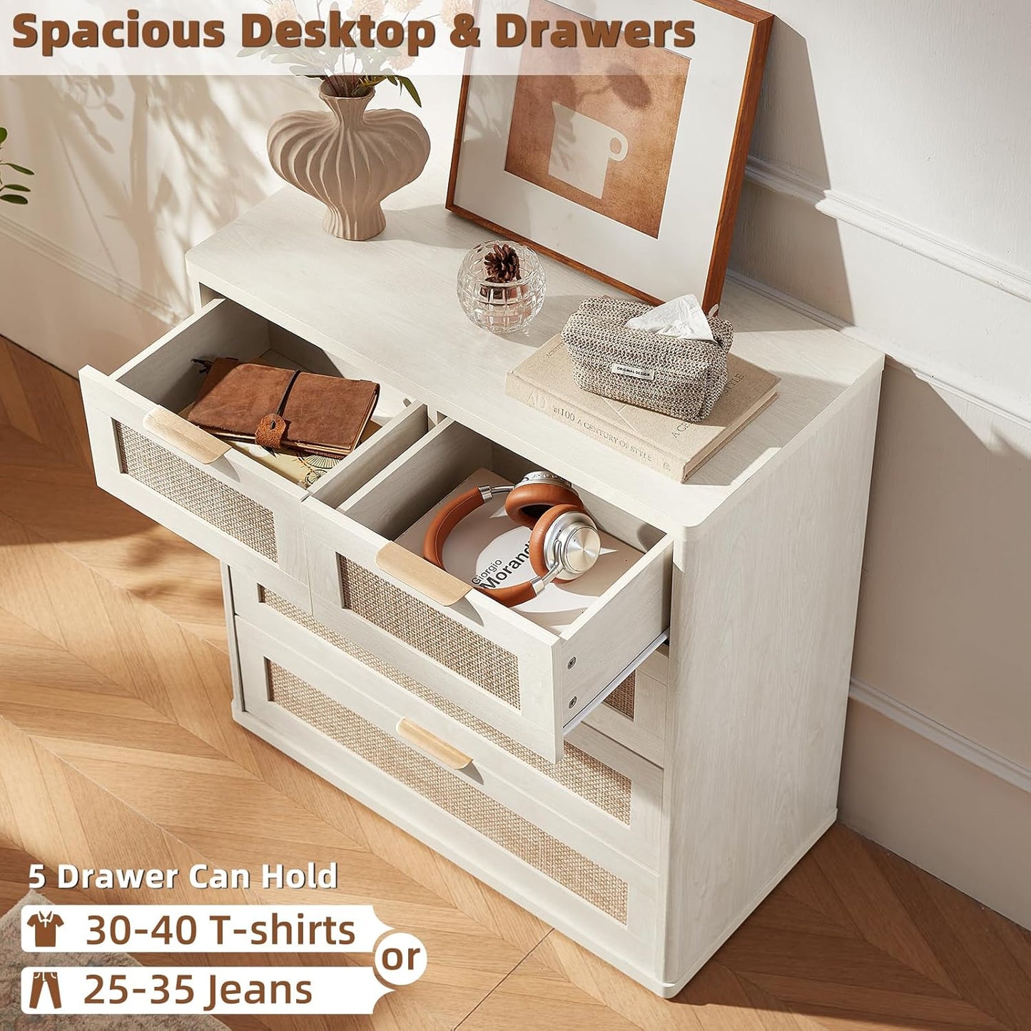 LEYAOYAO White Dresser for Bedroom, 33.5" Tall Chest of Drawers, Modern 5 Drawers Boho Rattan