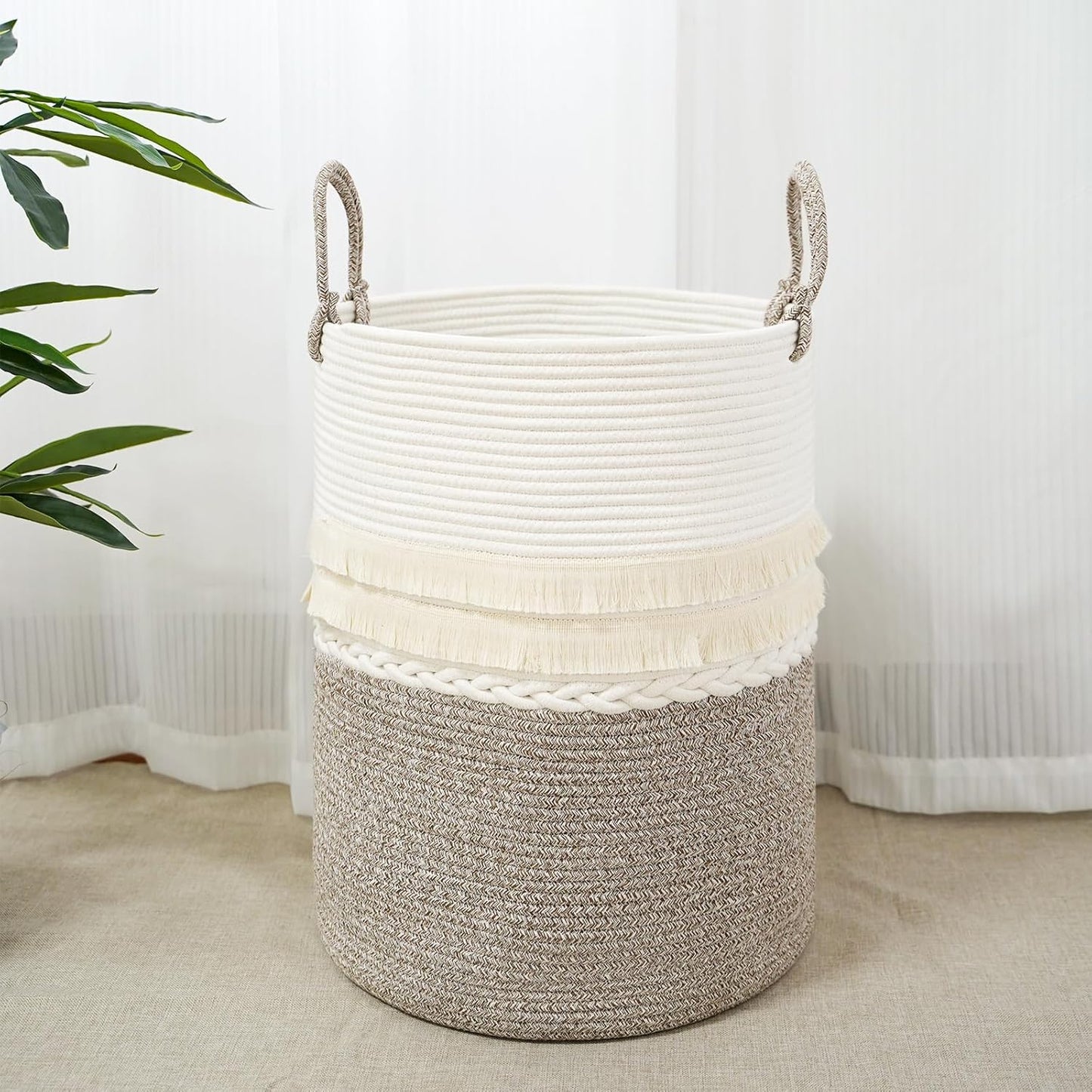 danpinera 79 L Large Laundry Basket, Tall Woven Cotton Storage Hamper with Handles, Dirty Clothes