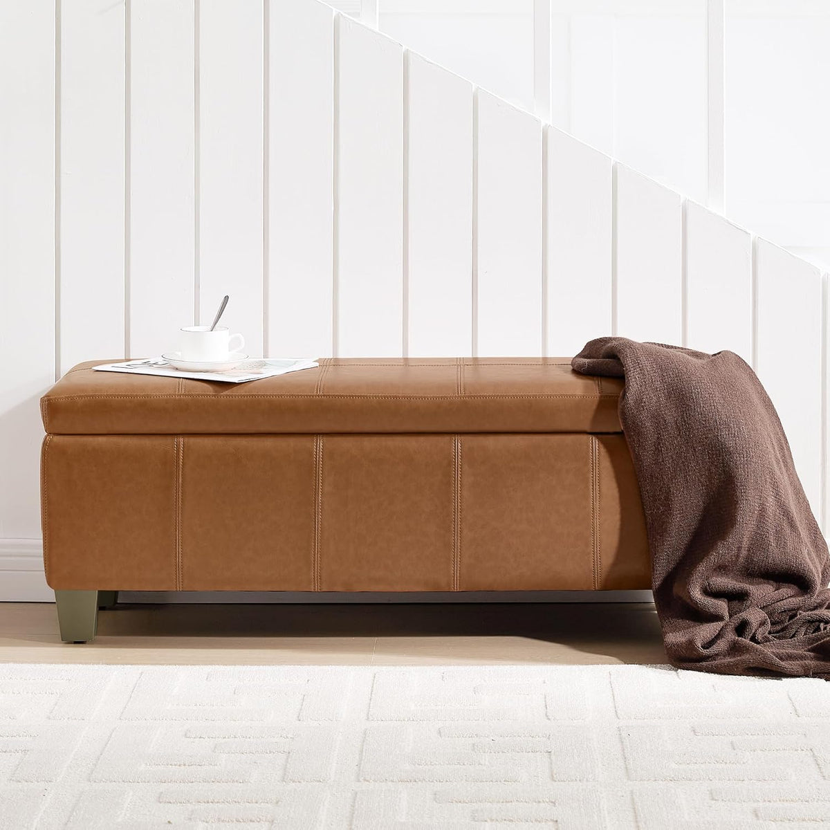 41" Faux Leather Storage Ottoman, Stitch Tufted Rectangle Upholstered End of Bed Storage Bench