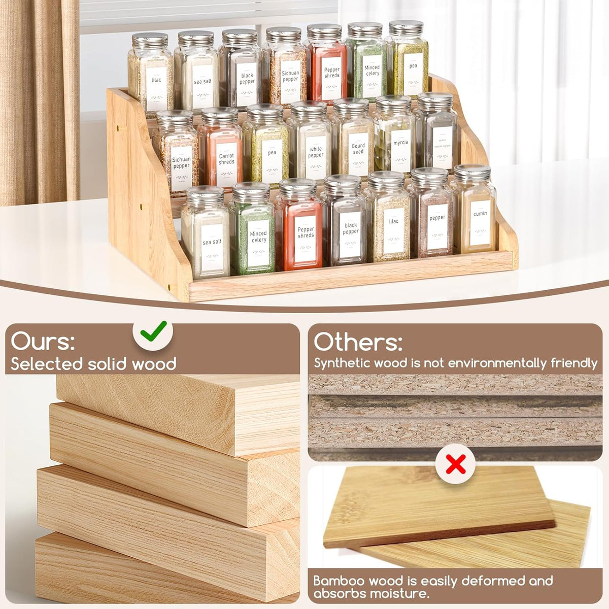Tiered Spice Rack Organizer for Cabinet, Wooden Spice Rack for Countertop, Spice Shelf organizer