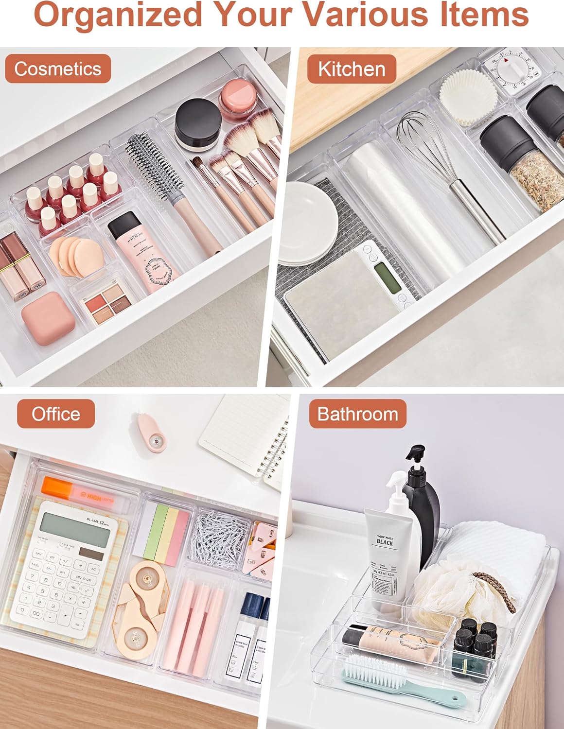 SMARTAKE 37-Piece Drawer Organizer with Non-Slip Silicone Pads, 4-Size Desk Drawer Organizer Trays