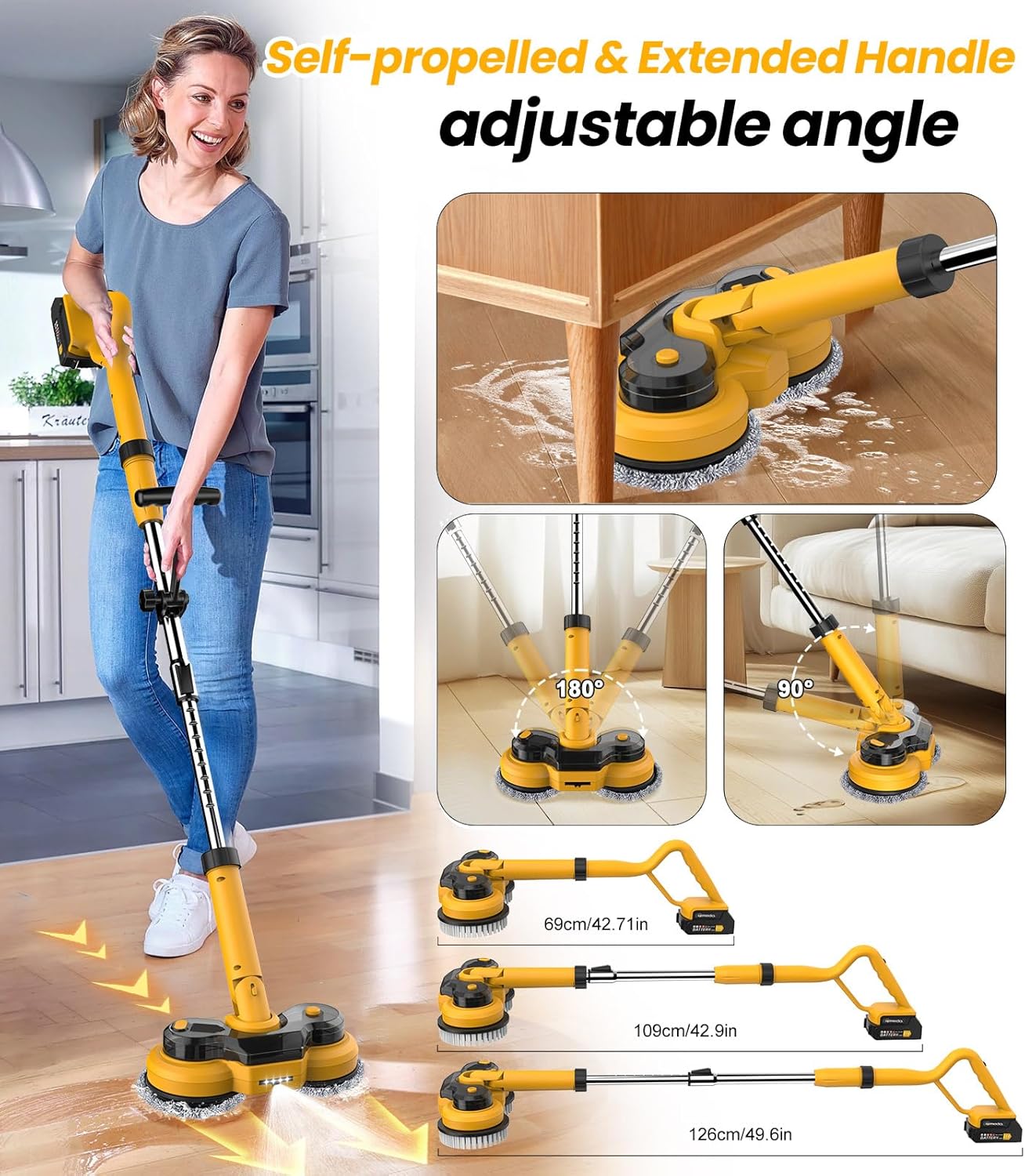 qimedo 6000mAh Battery Electric Mop M1, 800RPM Cordless Electric Power Scrubber & Mops for Floor