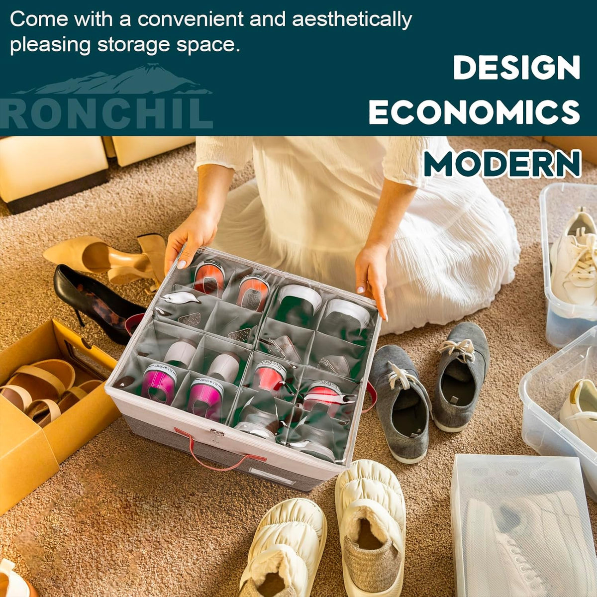 Shoe Organizer for Closet, Foldable Shoe Storage Bins with Clear Cover, Space Saving Shoes Holder