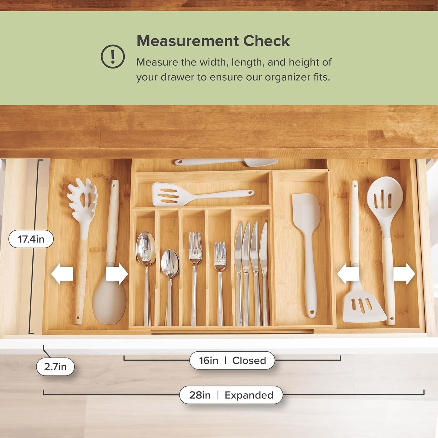 KitchenEdge Premium Silverware, Flatware and Utensil Organizer for Kitchen Drawers, Food-Safe