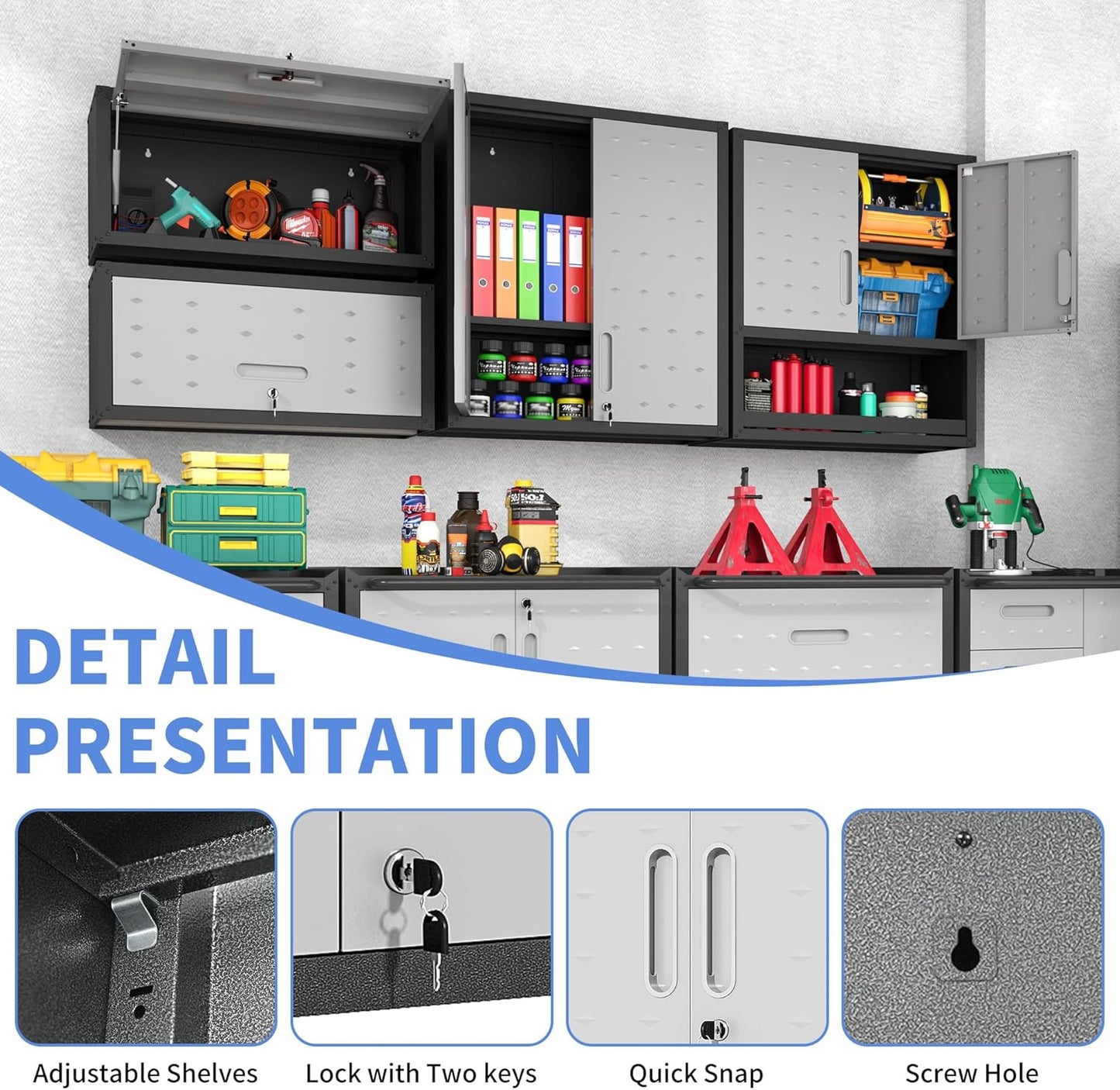 Garage Wall Mounted Storage Cabinet with Doors and Shelves, Lockable Metal Wall Cabinet, Hanging